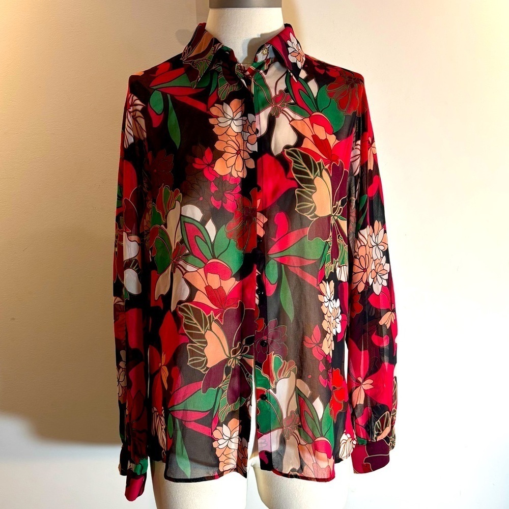 Zara Sz L Red and Green Floral Button Up Sheer Long Sleeve Blouse NEW WITH TAG